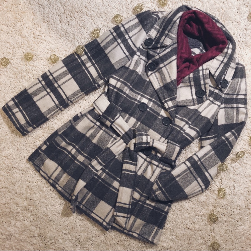 gray and plaid pea coat